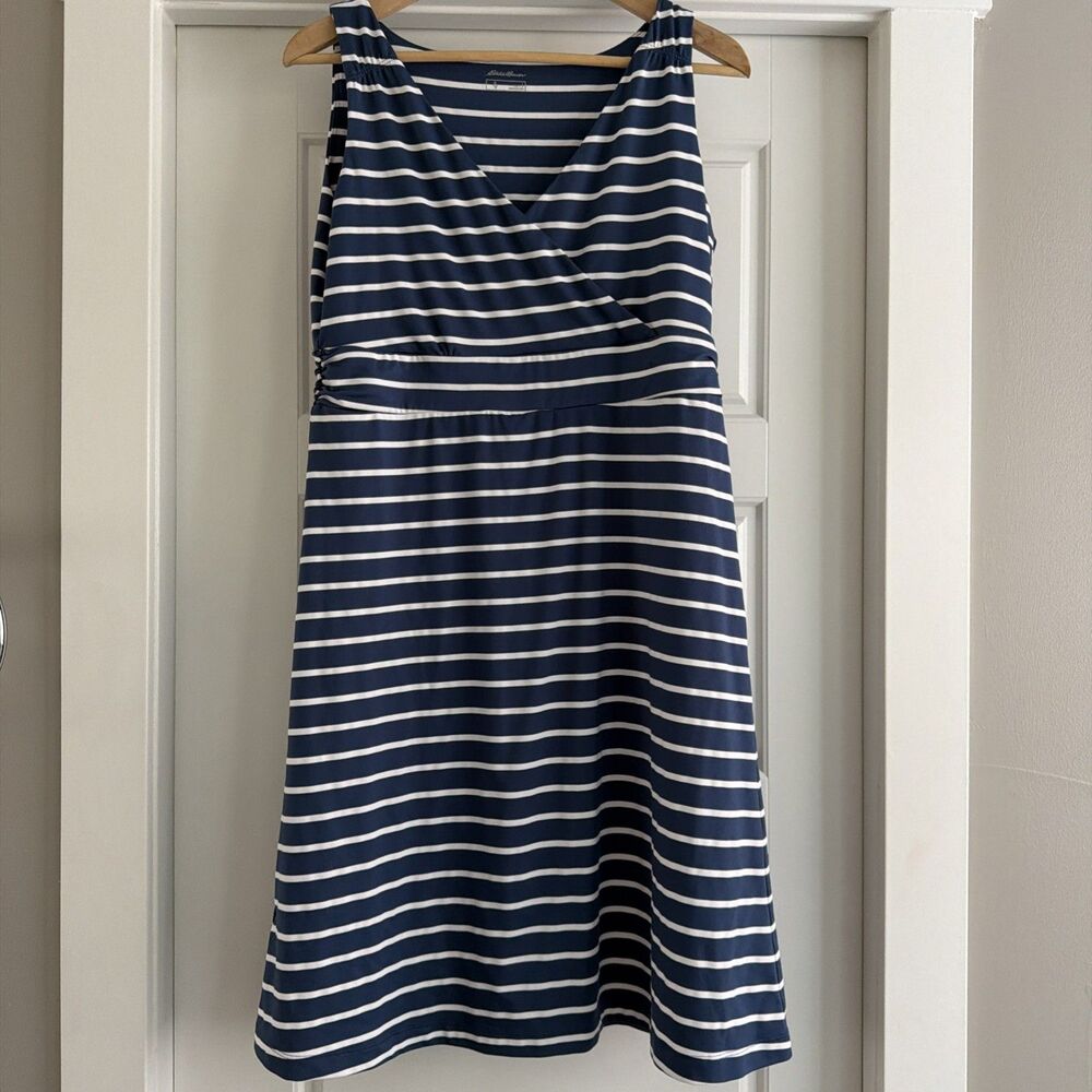 Eddie Bauer Blue/White Striped Aster Travel Dress Soft Fitness Women’s Large